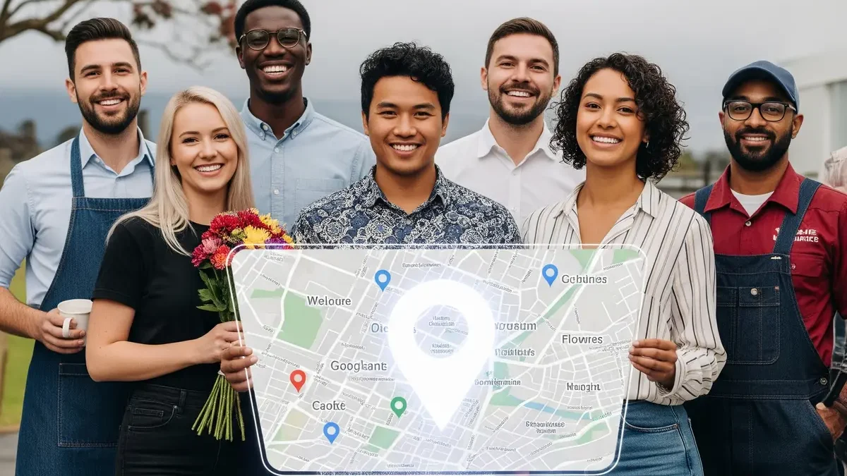 Diverse New Zealand small business owners successfully visible on a digital local map, representing local SEO success